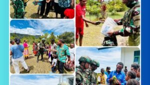 Komandan Satgas Yonif 521/DY beserta prajurit, Pendeta Yan Abisay, dan masyarakat dalam acara Komsos di Apalapsili.