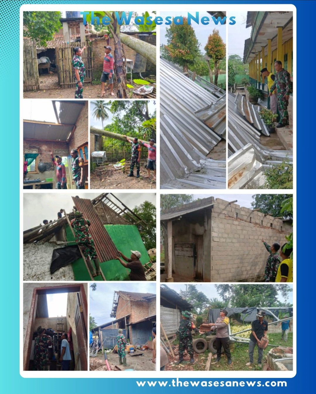 Anggota Koramil 411-04 Trimurjo sedang membantu warga membersihkan puing pohon yang tumbang timpa rumah di Kampung Depokrejo Lampung Tengah