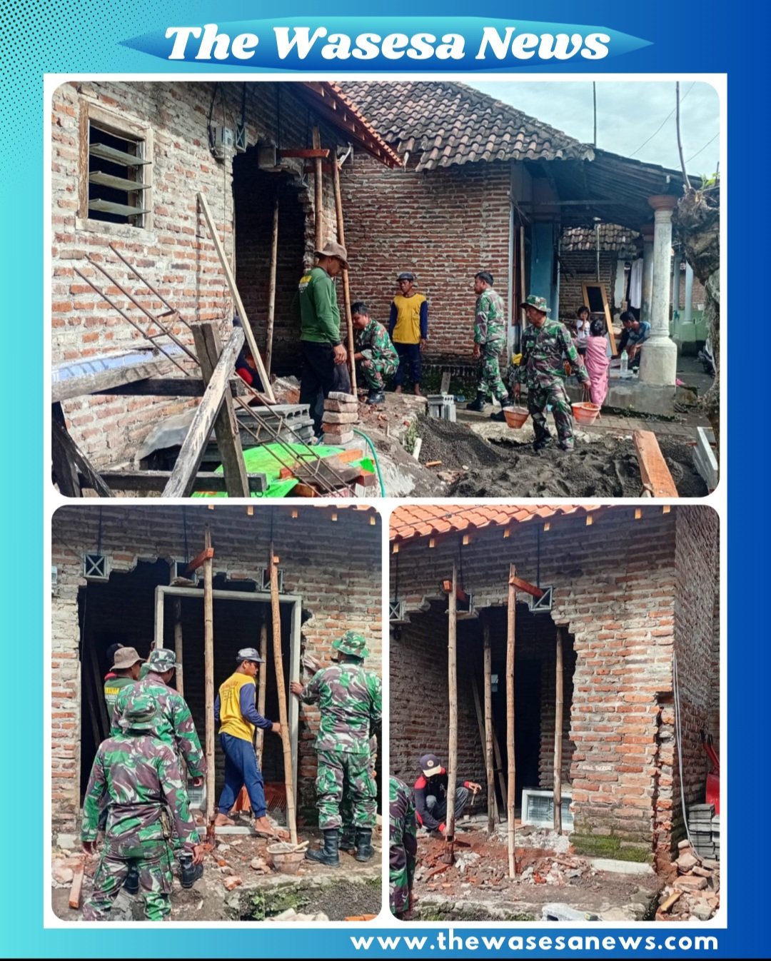 Anggota Satgas TMMD Ke-127 Kodim 0819/Pasuruan sedang memasang kusen pintu saat merehabilitasi Rumah Tidak Layak Huni (RTLH) di Dusun Kili, Desa Wonosari, Kabupaten Pasuruan.