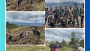 Personel Satgas Pamtas Kewilayahan Yonif 521/DY bersama masyarakat Distrik Napua bekerja sama membuka lahan pertanian guna mendukung ketahanan pangan di Kabupaten Jayawijaya, Papua Pegunungan.