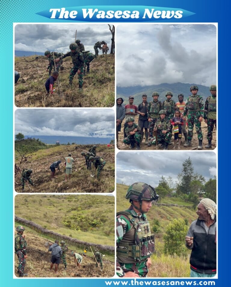 Personel Satgas Pamtas Kewilayahan Yonif 521/DY bersama masyarakat Distrik Napua bekerja sama membuka lahan pertanian guna mendukung ketahanan pangan di Kabupaten Jayawijaya, Papua Pegunungan.