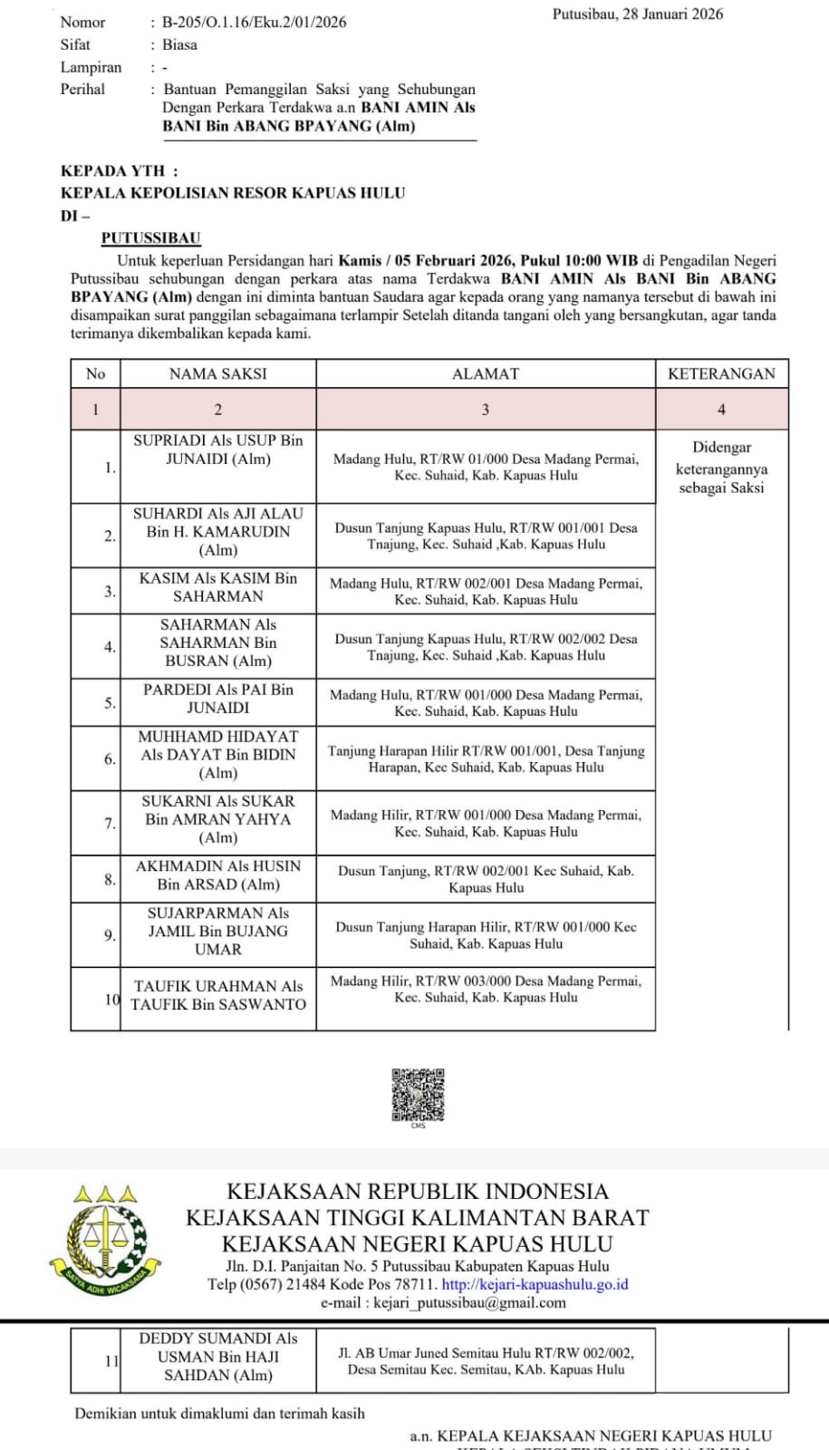 Surat Bantuan Pemanggilan Saksi dari Kejaksaan Negeri Kapuas Hulu.