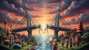 Ilustrasi seni clay (lempung) yang menggambarkan pemisahan Pulau Jawa dan Pulau Bali oleh laut, menampilkan sebuah jembatan yang terputus di tengah sebagai simbol penolakan masyarakat Bali terhadap pembangunan jembatan Selat Bali demi menjaga kesucian budaya dan mitologi.