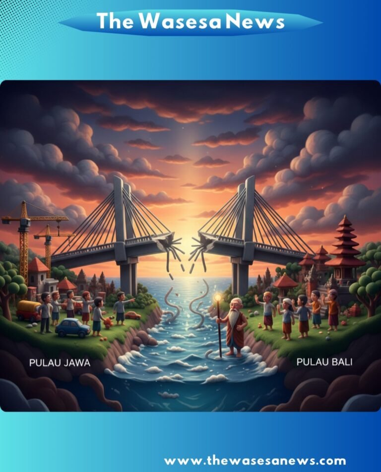 ​Ilustrasi seni clay (lempung) yang menggambarkan pemisahan Pulau Jawa dan Pulau Bali oleh laut, menampilkan sebuah jembatan yang terputus di tengah sebagai simbol penolakan masyarakat Bali terhadap pembangunan jembatan Selat Bali demi menjaga kesucian budaya dan mitologi.