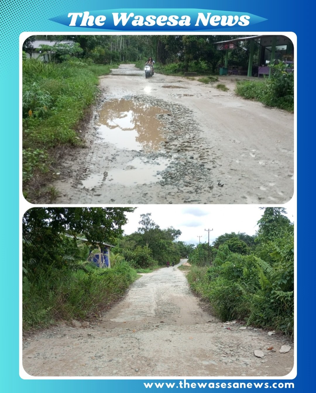 Lubang besar dan badan jalan yang hancur menyebar di jalan raya Monterado menuju Desa Siaga, Bengkayang, Kalimantan Barat – kondisi ini membahayakan keselamatan pengguna jalan dan mengganggu mobilitas masyarakat.