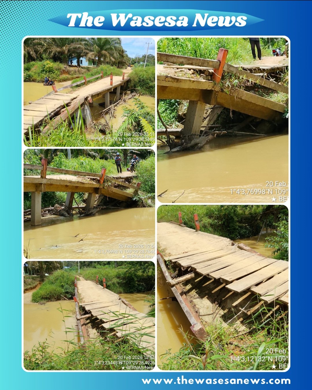 Foto jembatan penghubung Dusun Sebude Desa Tebuah Elok Sambas yang mengalami kerusakan parah dan hampir roboh, struktur badan jembatan amblas dan penyangga tergerus aliran sungai.