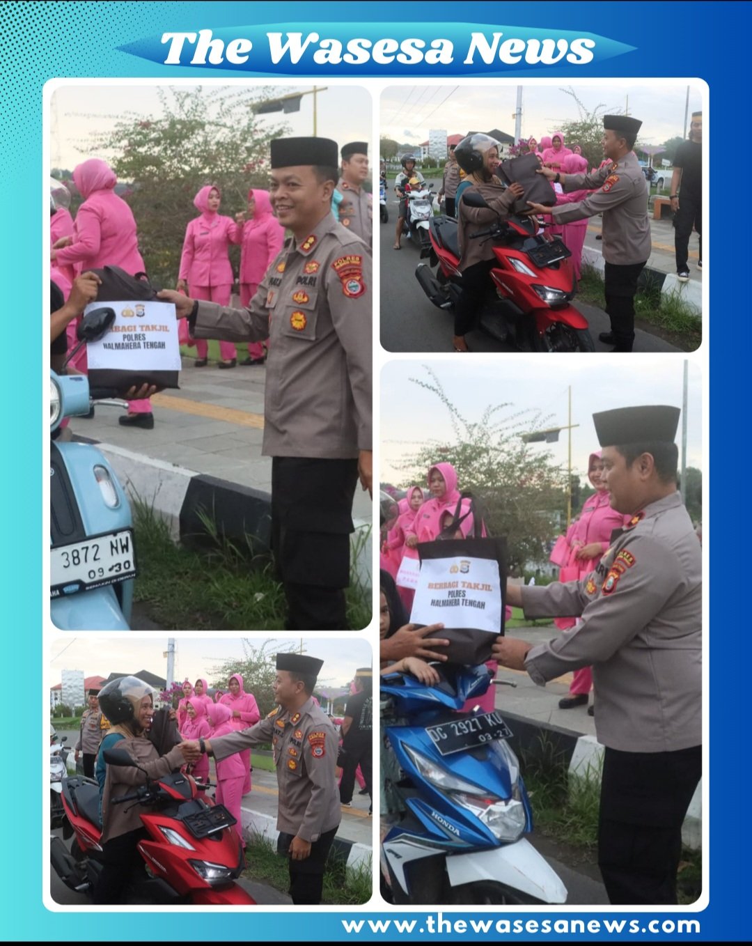 Kapolres Halmahera Tengah dan Bhayangkari membagikan paket takjil kepada masyarakat di depan Masjid Agung Darussalam Weda dalam rangka Ramadan 1447 H