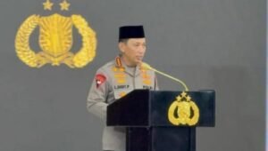 Kapolri Jenderal Polisi Listyo Sigit Prabowo saat menyampaikan sambutan dalam acara buka puasa bersama insan media di Rupatama Mabes Polri Jakarta Selatan, Rabu (25/2/2026).