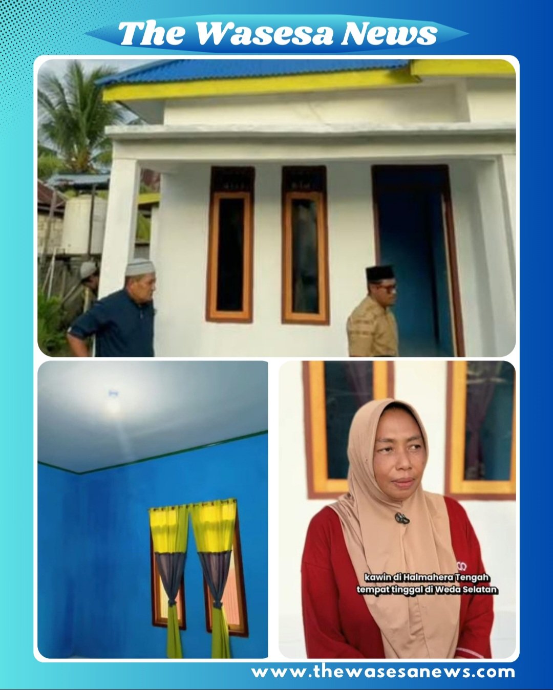Ibu Iramaya Umagapi berdiri di depan rumah layak huni barunya di Desa Aer Salobar, Kepulauan Sula, dengan ekspresi wajah yang penuh syukur