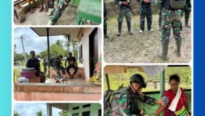 Personel Satgas Pamtas RI-PNG Yonif 410/ALG melakukan pemeriksaan kesehatan kepada warga Kampung Jagiro dalam kegiatan Yankes di Distrik Moskona Selatan, Teluk Bintuni, Papua Barat.