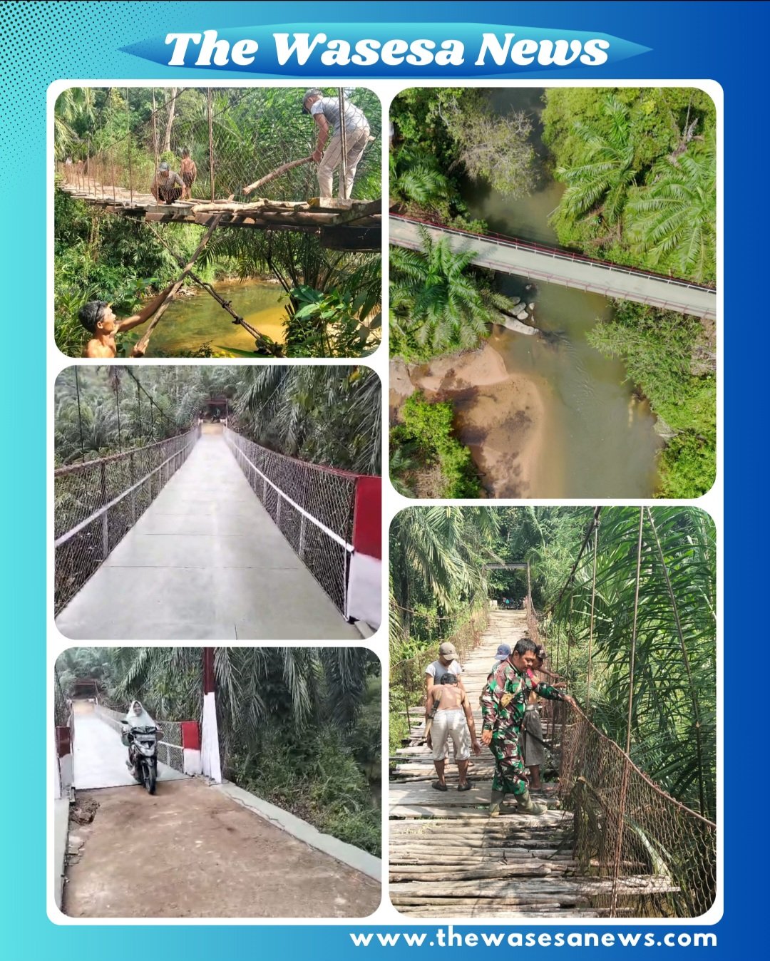 Personel Kodim 0209/LB bersama masyarakat setempat melakukan pengecekan akhir struktur Jembatan Gantung Perintis setelah perbaikan selesai di Desa Sampean, Labuhanbatu Selatan