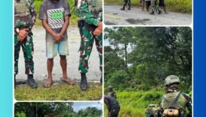 Personel Satgas Yonif 521/DY bersama masyarakat Distrik Benawa melakukan gotong royong membersihkan jalan kampung dalam kegiatan karya bakti untuk mempererat kemanunggalan TNI dengan rakyat.