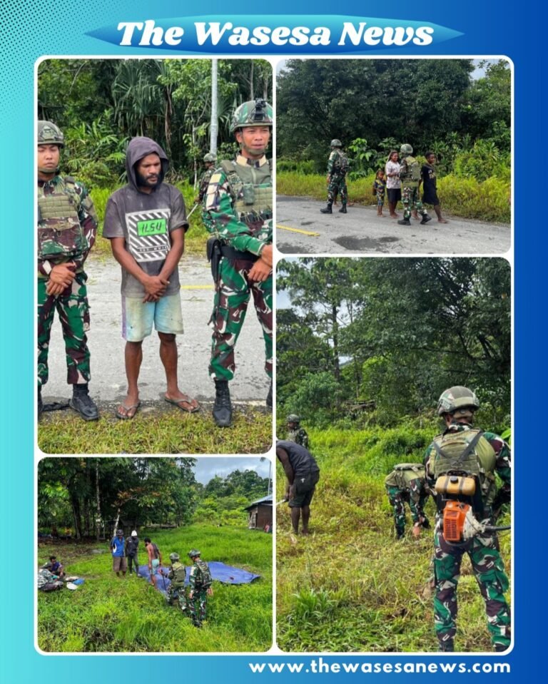 Personel Satgas Yonif 521/DY bersama masyarakat Distrik Benawa melakukan gotong royong membersihkan jalan kampung dalam kegiatan karya bakti untuk mempererat kemanunggalan TNI dengan rakyat.