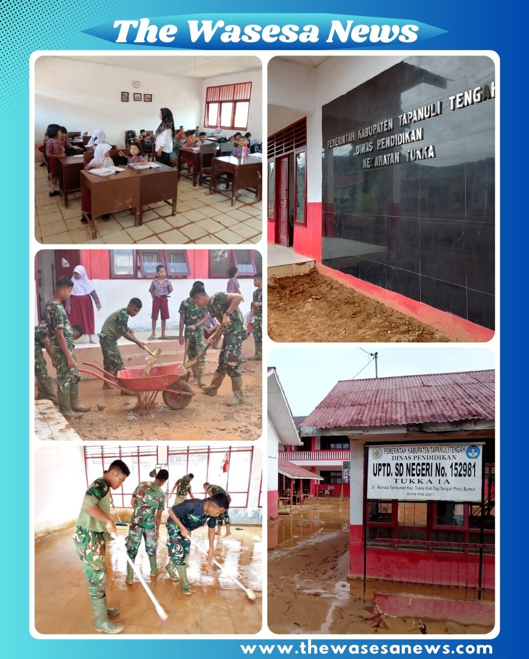 Personel TNI bersama Satgas Gulbencal melakukan pembersihan lumpur di halaman SDN 152981 1A Tukka, Tapanuli Tengah, akibat dampak banjir susulan pada 26 Februari 2026