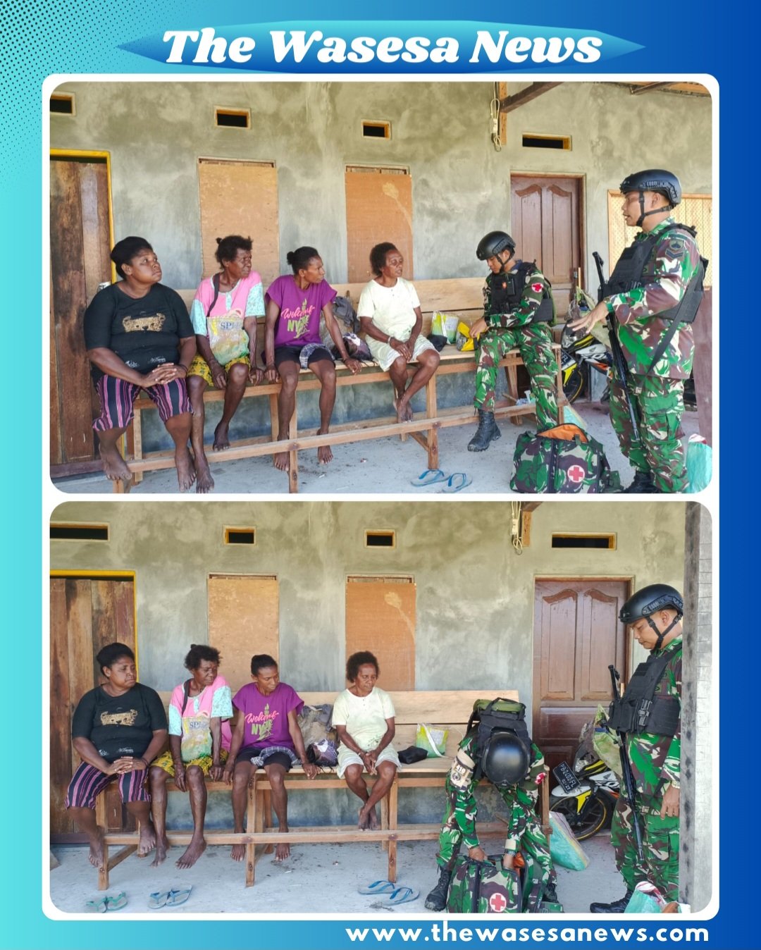 Foto personel Satgas Pamtas RI-PNG Yonif 410/ALG Pos Aroba memberikan pelayanan kesehatan pemeriksaan dan pemberian obat kepada warga Kampung Aroba Teluk Bintuni Papua Barat