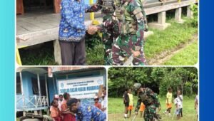 "Personel Satgas Yonif 521/DY bersama guru dan siswa SDN Muaranawa melakukan pembersihan halaman sekolah dalam kegiatan karya bakti di Kabupaten Jayapura, Papua."