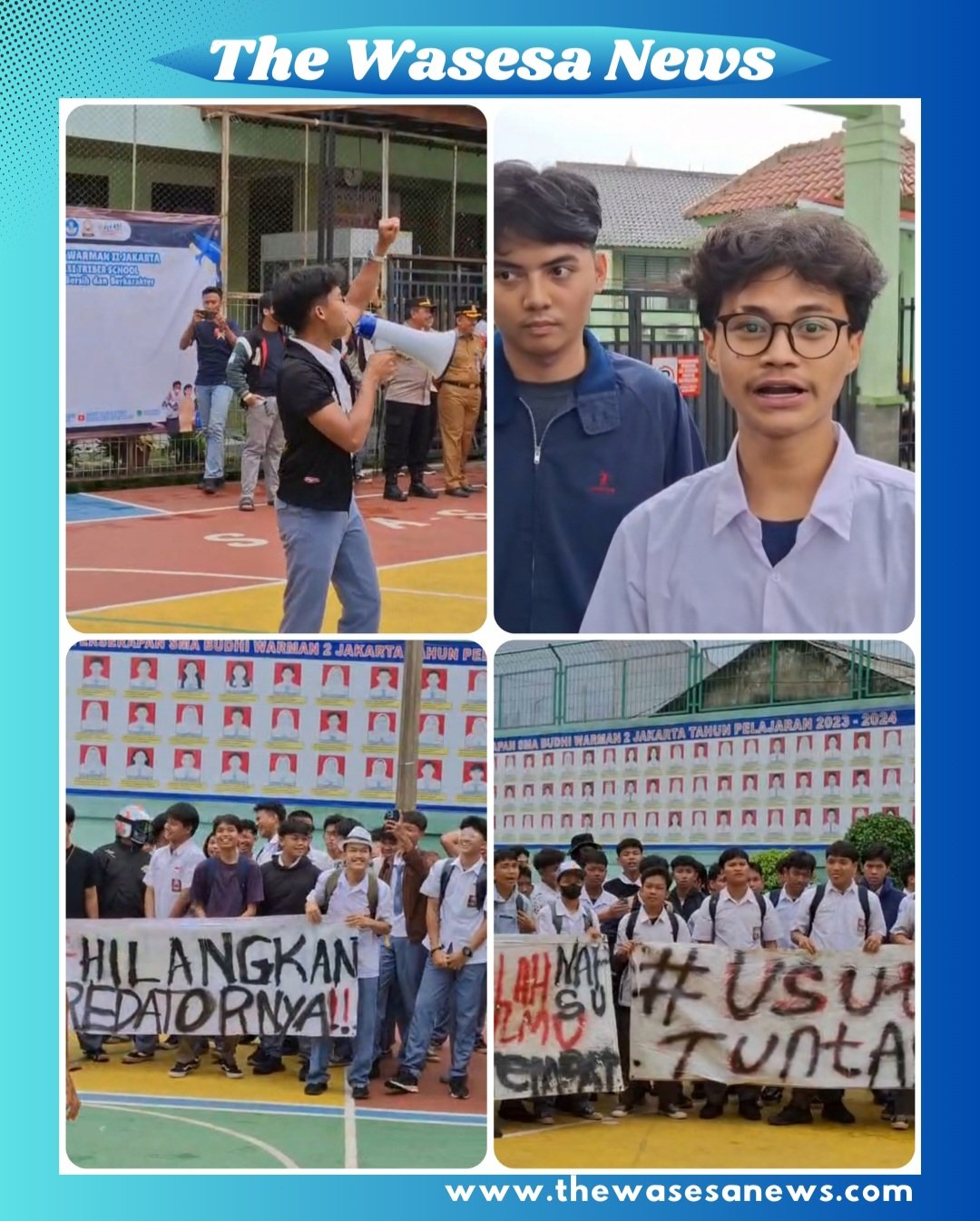 Siswa SMA Budhi Warman 2 Jakarta menggelar aksi protes di lapangan sekolah terkait dugaan kasus pelecehan. Terlihat orator siswa menggunakan pengeras suara di depan barisan siswa yang membentangkan spanduk tuntutan "Usut Tuntas" dan "Tangkap Predator". Beberapa aparat kepolisian dan pihak sekolah tampak memantau jalannya aksi di lokasi.