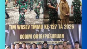 "Tim Wasev TMMD Ke-127 Tahun 2026 bersama jajaran perwira TNI dan pihak pemerintah daerah saat melakukan tinjauan lokasi pembangunan di Desa Wonosari, Kecamatan Gondangwetan, Kabupaten Pasuruan."