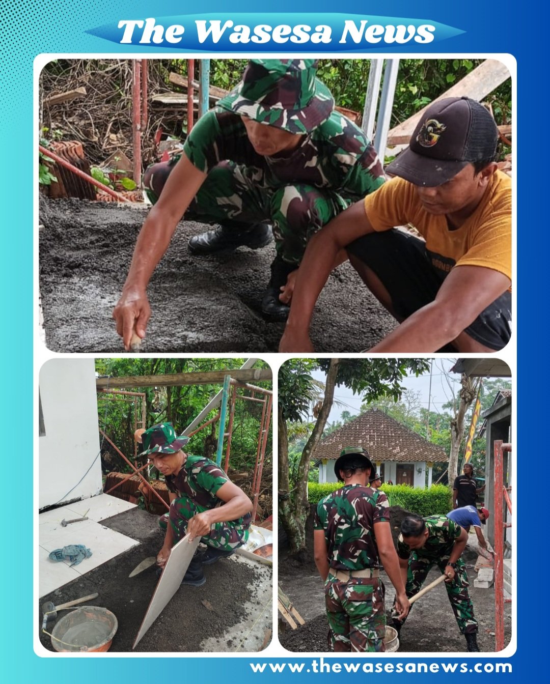 Personel Satgas TMMD Ke-127 Kodim 0819/Pasuruan bersama masyarakat setempat sedang melakukan pemasangan keramik lantai dalam rangka perehaban musholla di Dusun Kili, Desa Wonosari.