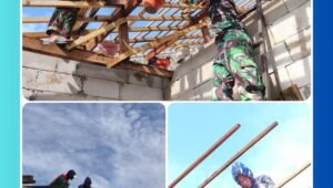 - "Personel Satgas TMMD Ke-127 Kodim 0819/Pasuruan sedang memasang kerangka atap kayu pada rumah Bu Nur Syaidah di Desa Wonosari Gondangwetan Pasuruan"