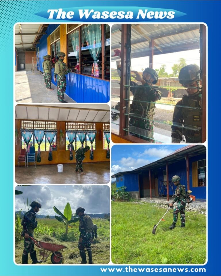 Personel Satgas Yonif 521/DY bersama masyarakat dan jemaat melakukan karya bhakti membersihkan lingkungan Gereja GBI Distrik Elelim Yalimo