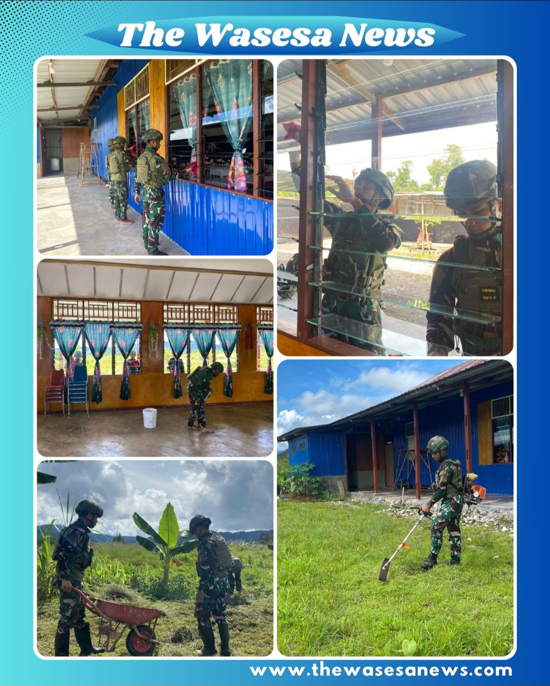 Personel Satgas Yonif 521/DY bersama masyarakat dan jemaat melakukan karya bhakti membersihkan lingkungan Gereja GBI Distrik Elelim Yalimo