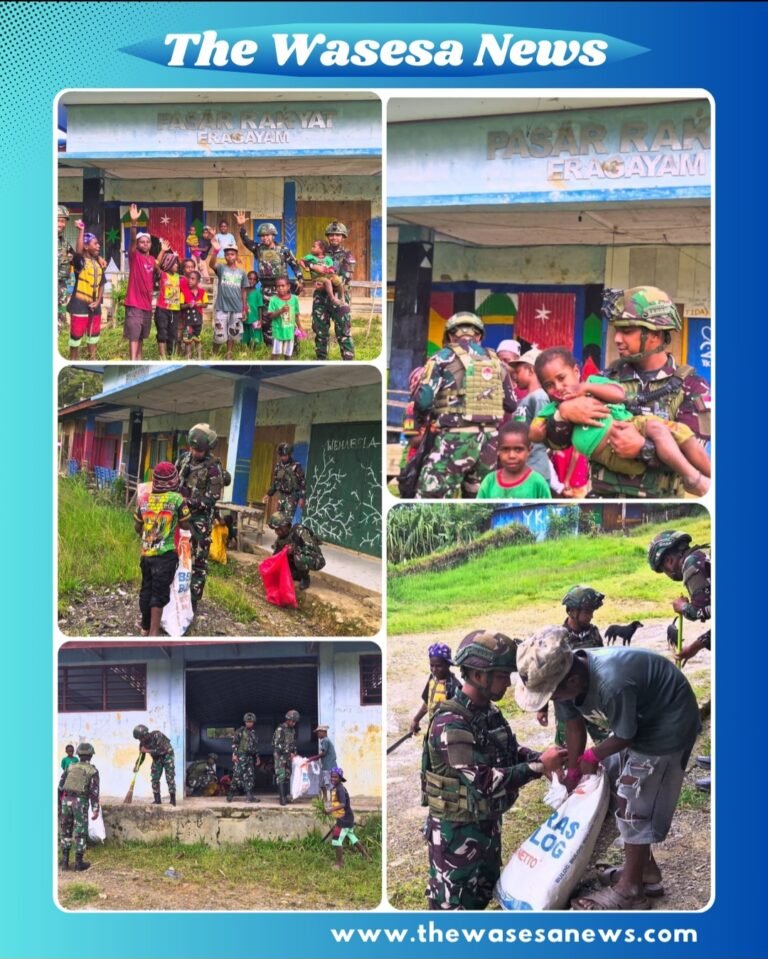 Personel Satgas Yonif 521/DY bersama masyarakat Distrik Eragayam melakukan kegiatan membersihkan lingkungan dalam acara Karya Bhakti TNI di Papua Pegunungan