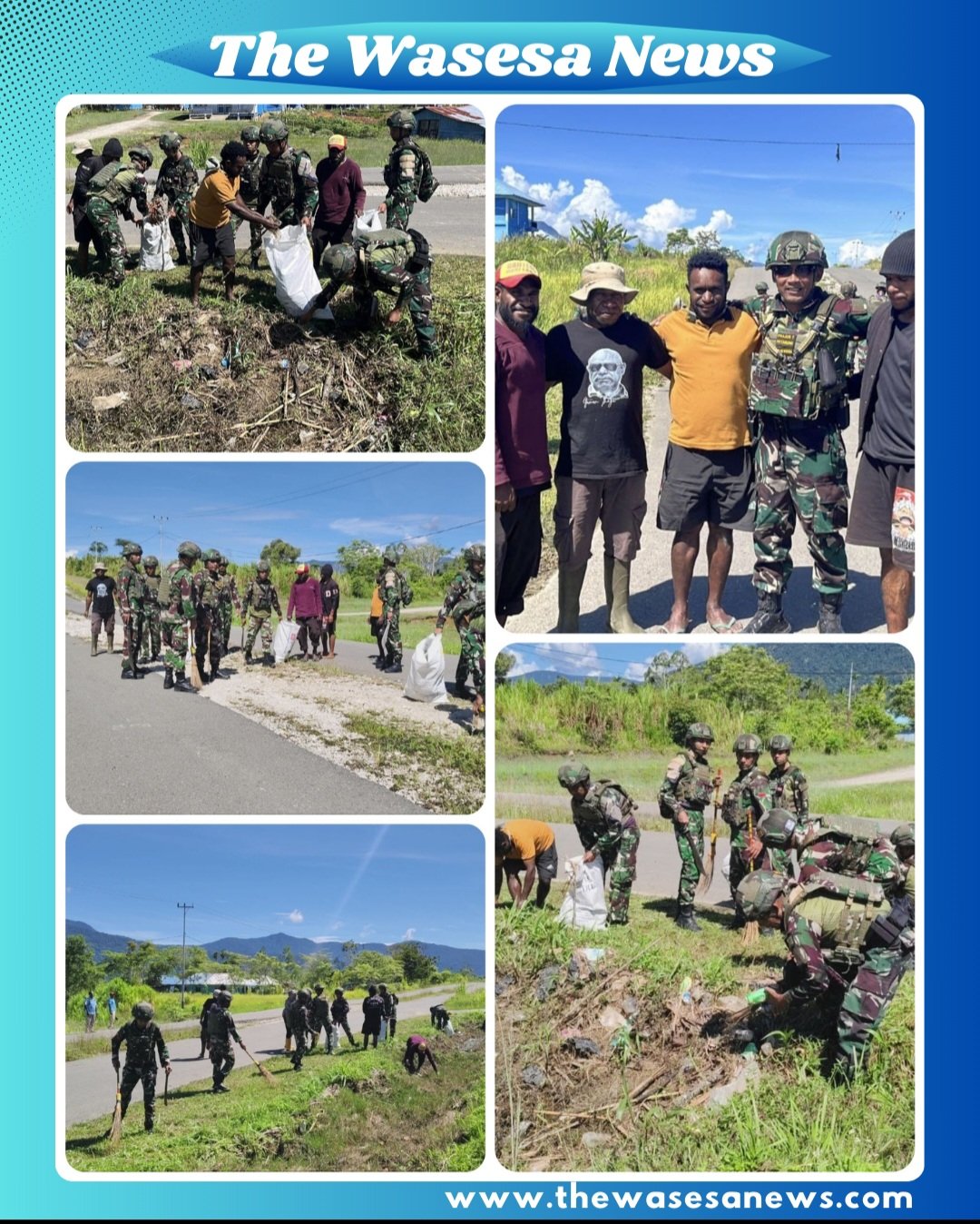 Personel Satgas Yonif 521/DY bersama masyarakat melakukan pembersihan lingkungan dalam kegiatan karya bakti di Distrik Kobakma, Papua Pegunungan – 28 Februari 2026