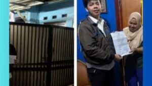 kasus penggelapan mobil Toyota silver metalik B 2779 POZ. Terdapat gambar korban Nurhayati saat memberikan keterangan kepada wartawan, dokumentasi surat laporan polisi, dan potret petugas kepolisian yang menangani kasus dari Polres Metro Jakarta Timur.
