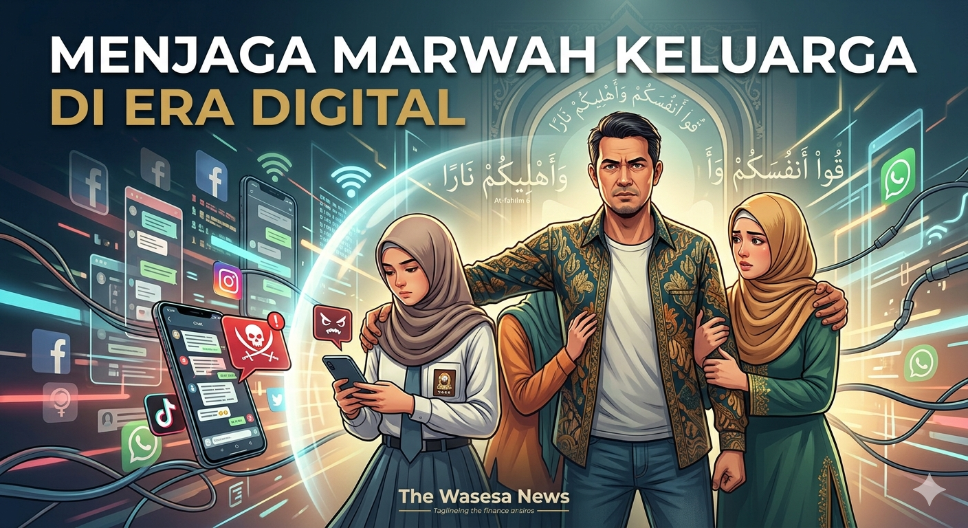 Ilustrasi ketegasan seorang ayah melindungi istri dan anak dari ancaman pelecehan verbal di media sosial dengan perisai cahaya bertuliskan ayat Al-Qur'an Surah At-Tahrim ayat 6. - thewasesanews.com