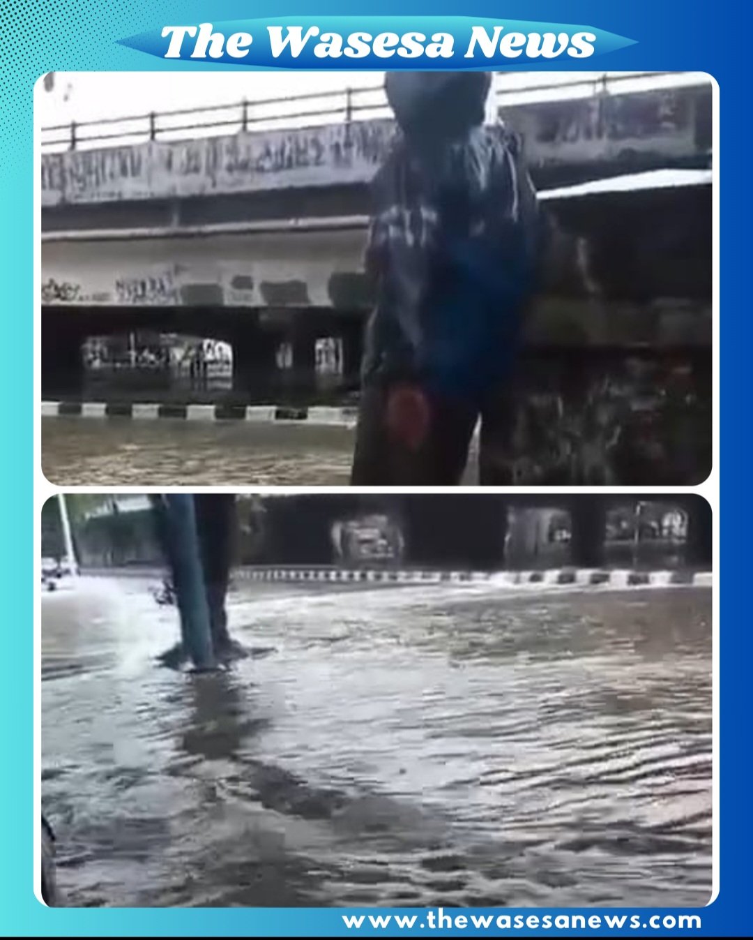 Genangan air setinggi 60 cm di Jalan Meruya Selatan Jakarta Barat membuat kendaraan tidak dapat melintas, Minggu (8/3/2026)