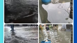 Genangan air setinggi 60 cm di Jalan Meruya Selatan, Jakarta Barat, Minggu (8/3/2026). Banjir akibat hujan deras semalaman telah mengganggu lalu lintas dan merendam sejumlah permukiman.