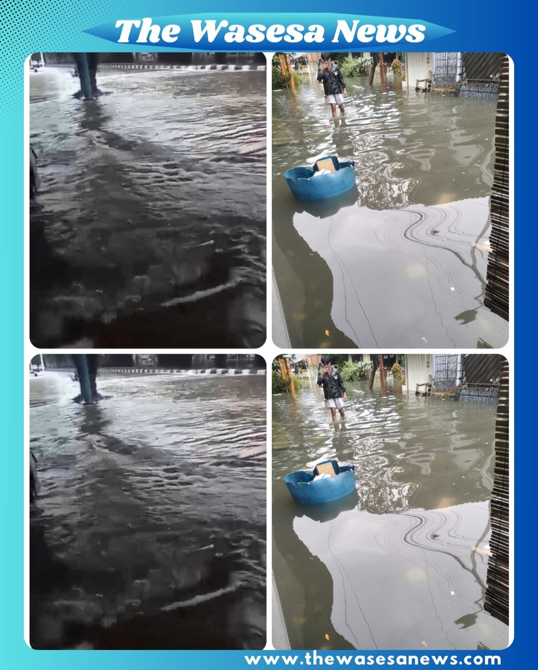 Genangan air setinggi 60 cm di Jalan Meruya Selatan, Jakarta Barat, Minggu (8/3/2026). Banjir akibat hujan deras semalaman telah mengganggu lalu lintas dan merendam sejumlah permukiman.