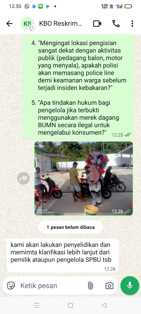 Tim Investigasi The Wasesa News saat mendokumentasikan chat dengan KBO Polres Sula terkait laporan temuan manual di SPBU Siluman Desa Sama Sula. - thewasesanews.com