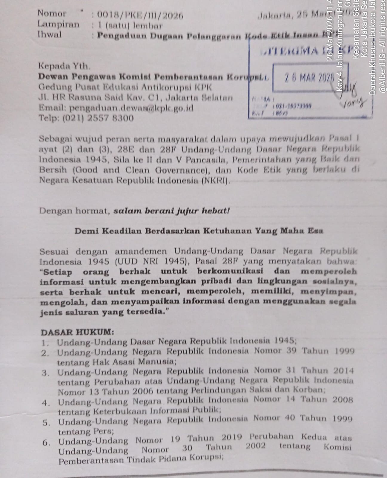 Bukti Surat Laporan Ke  Dewas KPK. - thewasesanews.com