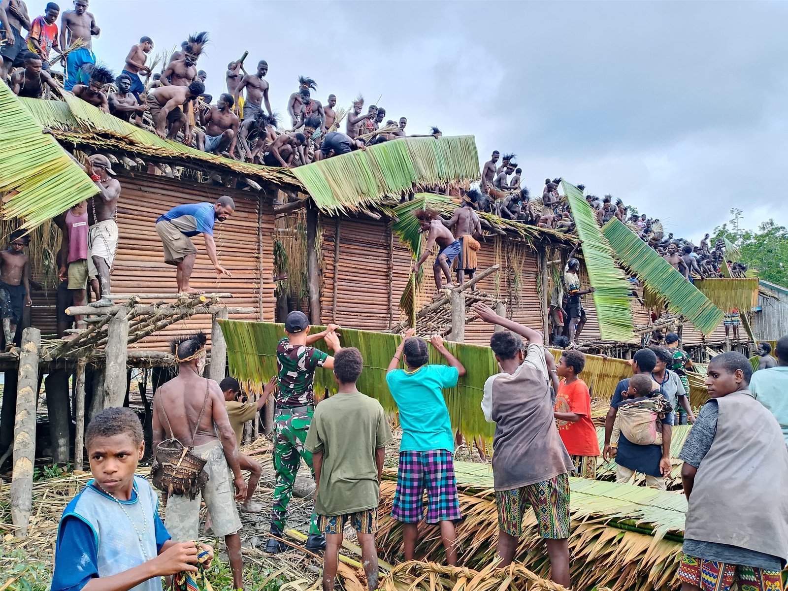 Prajurit Satgas Yonif 123/Rajawali membantu warga membangun Rumah Adat Jew di Kampung Basim Asmat. - thewasedanews.com