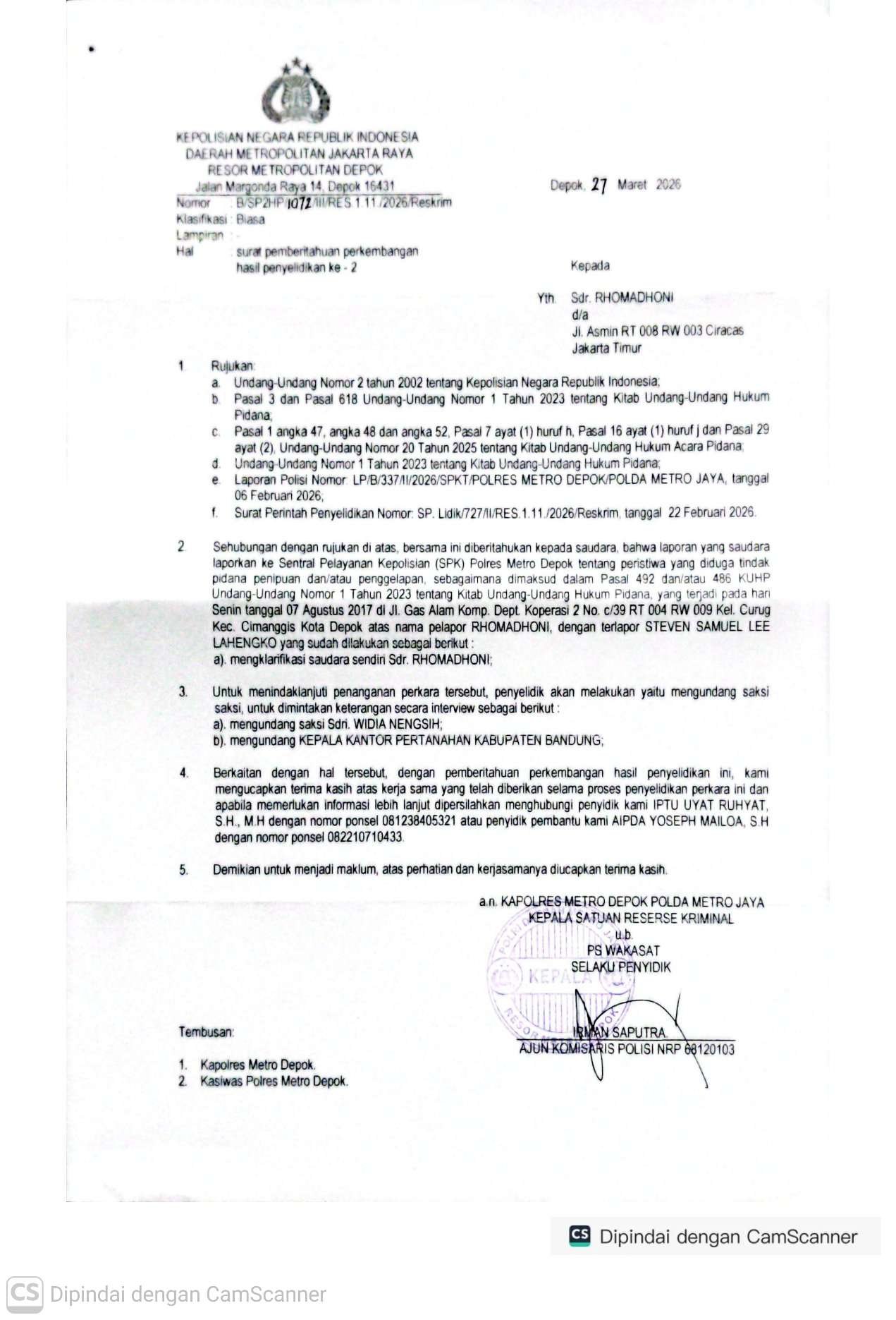 Laporan Polisi kasus penipuan oknum Ketua Umum LSM LAKRI di Polres Metro Depok. - thewasesanews.com