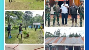 Personel Satgas Yonif 521/DY bersama warga jemaat dan masyarakat sekitar membersihkan halaman Gereja Bezer di Distrik Kelila, Kabupaten Mamberamo Tengah, Papua Pegunungan, Minggu (8/3/2026). Kegiatan menjadi wujud kepedulian TNI terhadap lingkungan dan mempererat tali silaturahmi dengan masyarakat.