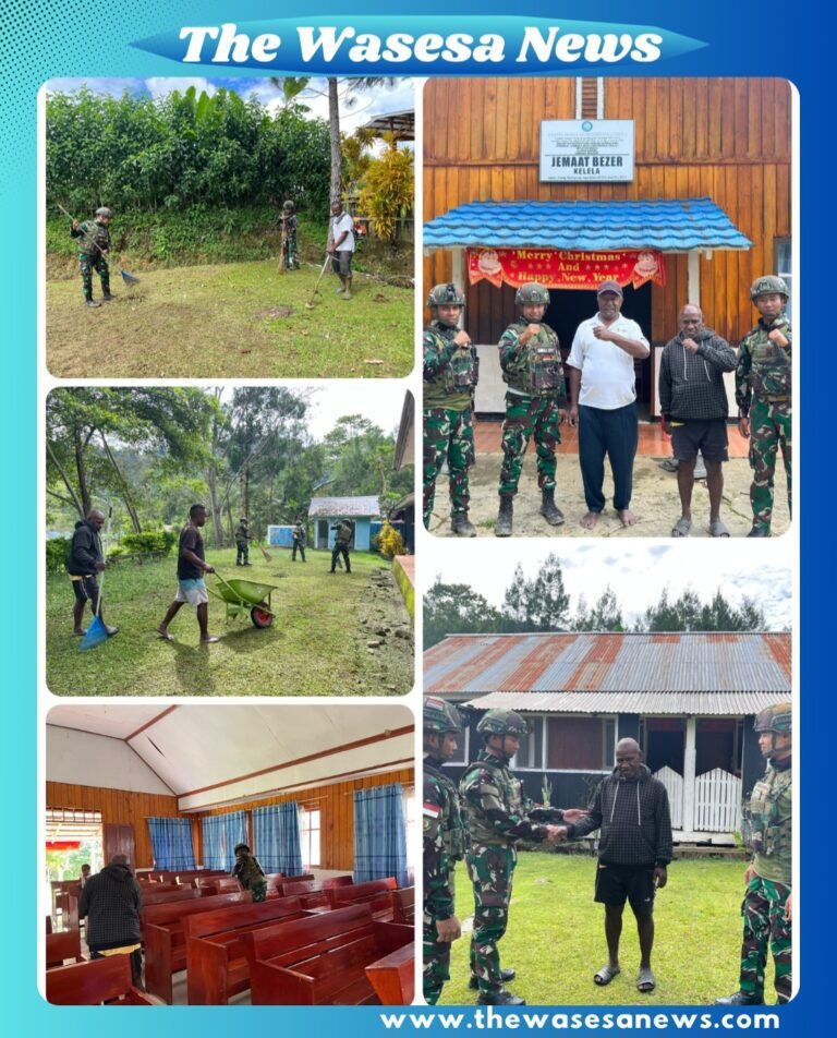 Personel Satgas Yonif 521/DY bersama warga jemaat dan masyarakat sekitar membersihkan halaman Gereja Bezer di Distrik Kelila, Kabupaten Mamberamo Tengah, Papua Pegunungan, Minggu (8/3/2026). Kegiatan menjadi wujud kepedulian TNI terhadap lingkungan dan mempererat tali silaturahmi dengan masyarakat.