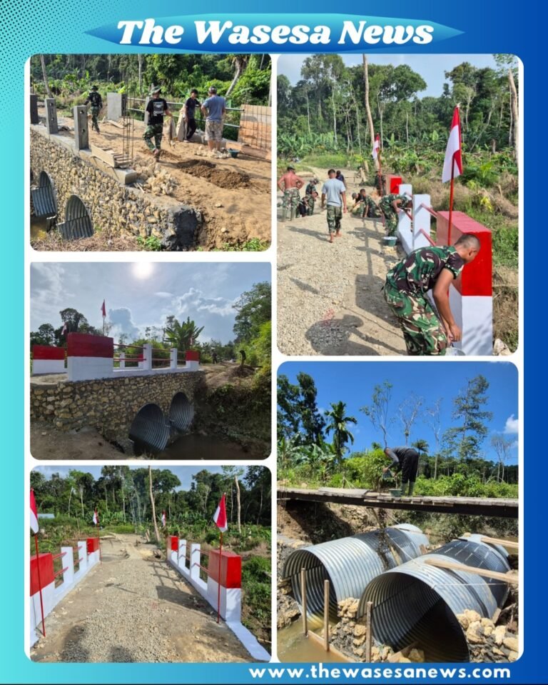 "Personel Satgas Gulbencal Kodam I/Bukit Barisan bersama masyarakat Desa Lalaona’a saat melakukan pengecekan akhir sebelum Jembatan Aramco resmi beroperasi di Kecamatan Alasa, Kabupaten Nias Utara – pembangunan selesai 100 persen dan siap mendukung mobilitas serta aktivitas ekonomi warga."