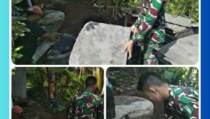 Prajurit Satgas TMMD Ke-127 Kodim 0819/Pasuruan bersama warga Dusun Ngepreng, Desa Wonosari, bekerja gotong royong membangun pondasi MCK komunal, Minggu (8/3/2026). Meskipun terik matahari, semangat para pekerja tetap tinggi untuk menyelesaikan proyek.