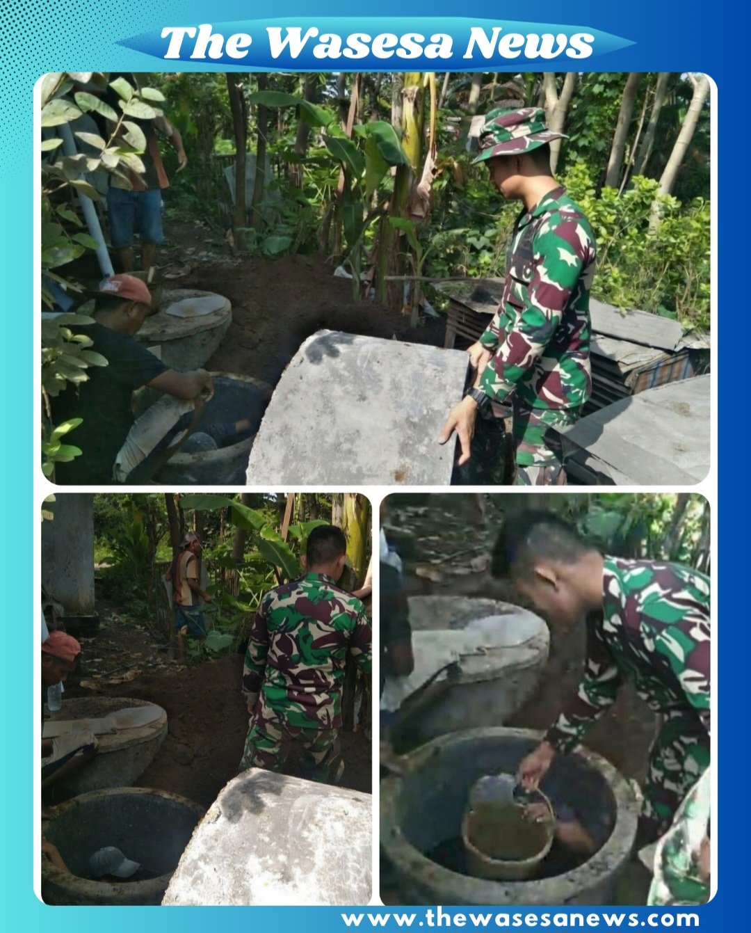 Prajurit Satgas TMMD Ke-127 Kodim 0819/Pasuruan bersama warga Dusun Ngepreng, Desa Wonosari, bekerja gotong royong membangun pondasi MCK komunal, Minggu (8/3/2026). Meskipun terik matahari, semangat para pekerja tetap tinggi untuk menyelesaikan proyek.