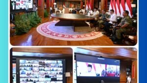 Panglima TNI Jenderal TNI Agus Subiyanto bersama Menteri Pertahanan RI Sjafrie Sjamsoeddin dan Wapang TNI Jenderal TNI Tandyo Budi R mendampingi Presiden RI Prabowo Subianto meresmikan 218 jembatan melalui video conference dari kediaman Presiden di Hambalang, Bogor pada Senin (9/3/2026). Sumber: BPMI Setpres dan Dispenad.