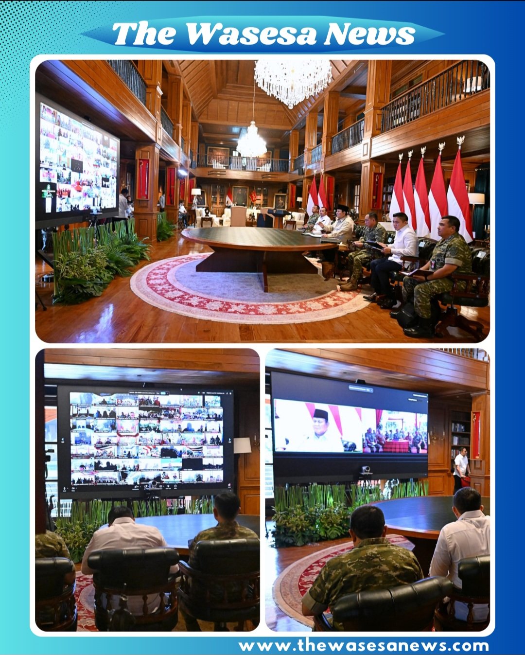 Panglima TNI Jenderal TNI Agus Subiyanto bersama Menteri Pertahanan RI Sjafrie Sjamsoeddin dan Wapang TNI Jenderal TNI Tandyo Budi R mendampingi Presiden RI Prabowo Subianto meresmikan 218 jembatan melalui video conference dari kediaman Presiden di Hambalang, Bogor pada Senin (9/3/2026). Sumber: BPMI Setpres dan Dispenad.