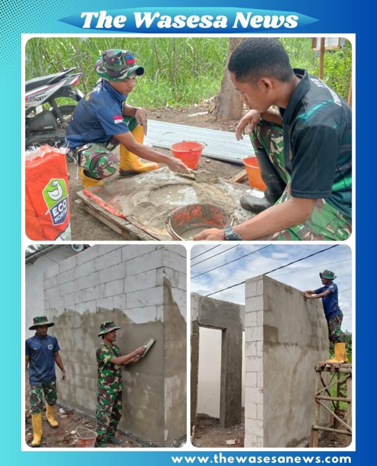 Prajurit Satgas TMMD Ke-127 Kodim 0819/Pasuruan bekerja bersama warga membangun fasilitas MCK di Dusun Wonosalam, Desa Wonosari, Minggu (1/3/2026).