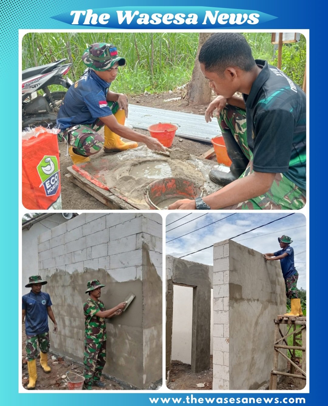 Prajurit Satgas TMMD Ke-127 Kodim 0819/Pasuruan bekerja bersama warga membangun fasilitas MCK di Dusun Wonosalam, Desa Wonosari, Minggu (1/3/2026).