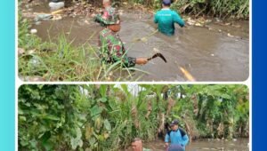 "Prajurit Satgas TNI TMMD Ke-127 Kodim 0819/Pasuruan bersama warga Desa Wonosari melakukan normalisasi sungai untuk memperlancar aliran air dan mencegah banjir, Senin (9/3/2026)."