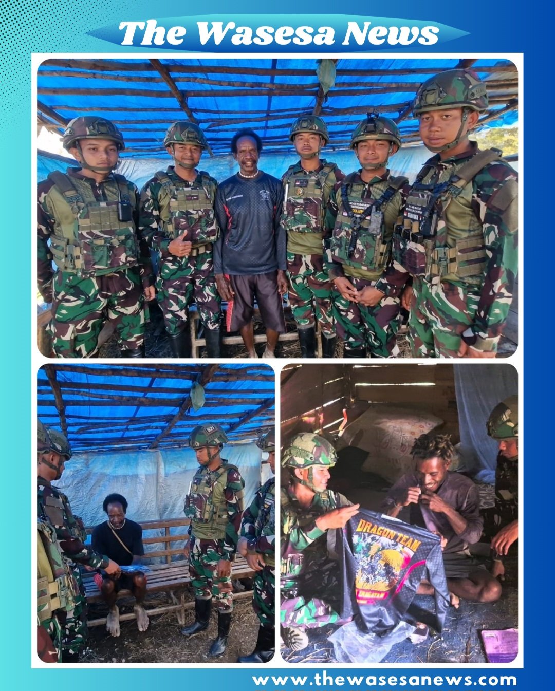 Personel Satgas Yonif 521/DY bersama Komandan Letkol Inf Rahadyan Surya Murdata, S.E, M.I.P, saat membagikan kaos kepada warga Distrik Eragayam, Kabupaten Mamberamo Tengah, Papua Pegunungan dalam kegiatan berbagi kasih yang penuh kehangatan.