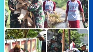 Prajurit Satgas TMMD Ke-127 Kodim 0819/Pasuruan bersama warga Desa Wonosari dan siswa SMP Negeri 2 Gondangwetan bekerja bakti membersihkan selokan dan pinggir jalan, Minggu (8/3/2026). Kegiatan gotong royong menghadirkan suasana kebersamaan yang hangat.