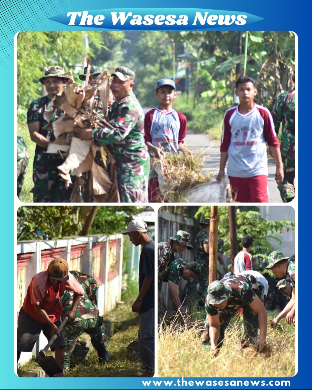 Prajurit Satgas TMMD Ke-127 Kodim 0819/Pasuruan bersama warga Desa Wonosari dan siswa SMP Negeri 2 Gondangwetan bekerja bakti membersihkan selokan dan pinggir jalan, Minggu (8/3/2026). Kegiatan gotong royong menghadirkan suasana kebersamaan yang hangat.